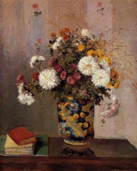 Camille Pissarro : Bouquet of Flowers, Chrysanthemums in a China Vase